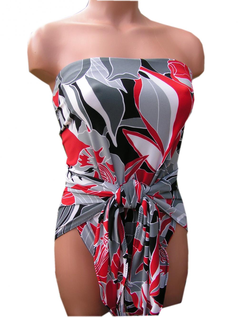 Bathing Suit Medium Wrap-around Swimsuit Red And Grey Flower