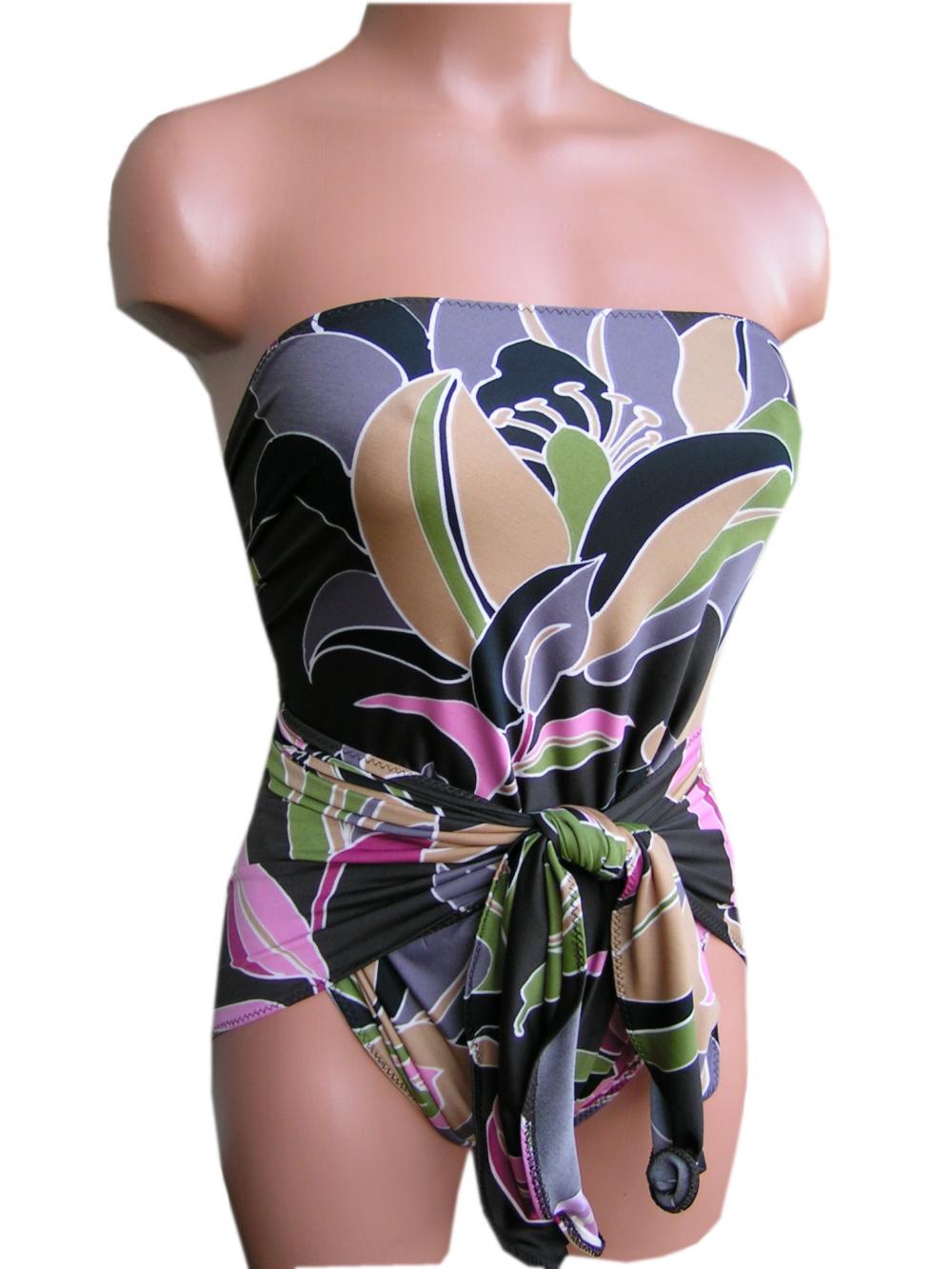 Bathing Suit Medium Wrap-around Swimsuit Brown And Pink Flower