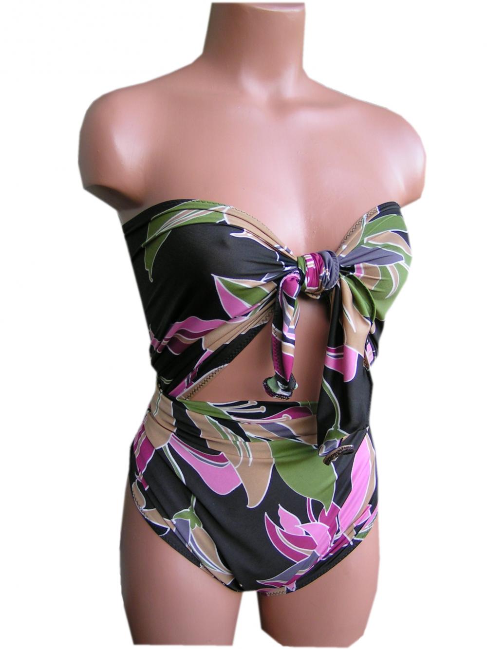 Bathing Suit Small Wrap-around Swimsuit Brown And Pink Flower Petite