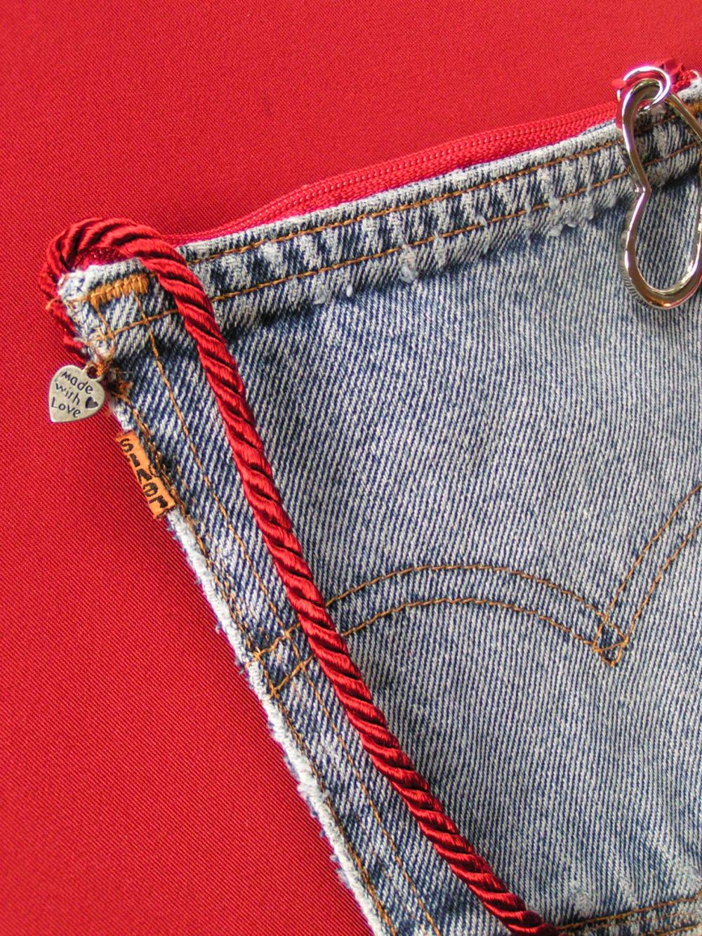 Upcycled Denim Levi's Pocket Purse Red Zipper, Red Cord