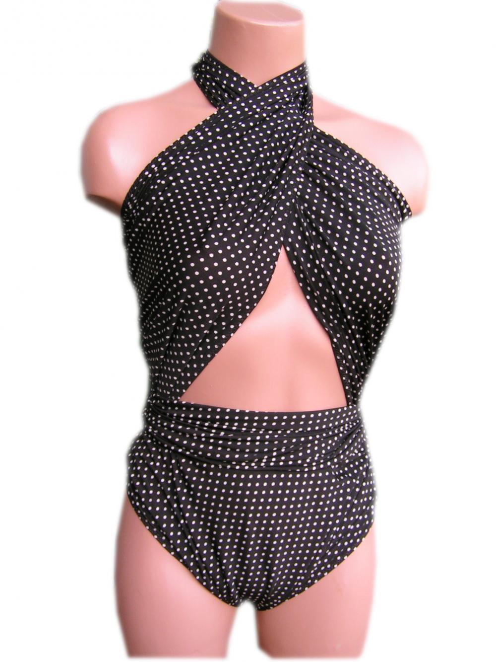 Large Bathing Suit Wrap Around Swimsuit Dark Brown And Off White Polka Dots Plus Size